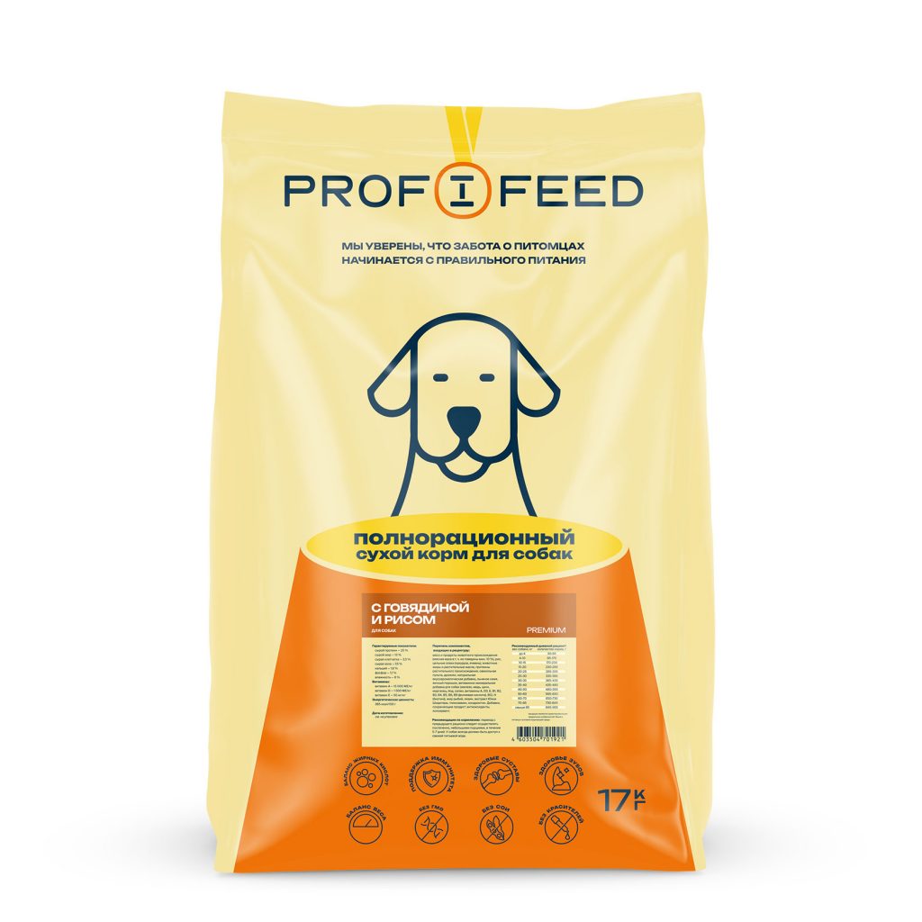 Корм «Profifeed» сухой полнорационный для собак с говядиной и рисом, мешок  17 кг - Интернет-магазин кормов для домашних животных