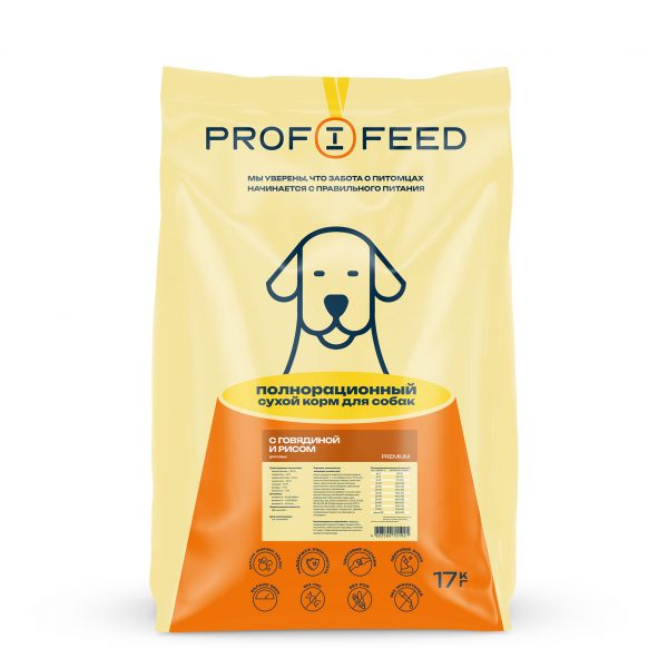 Корм «Profifeed» сухой полнорационный для собак с говядиной и рисом, мешок 17 кг