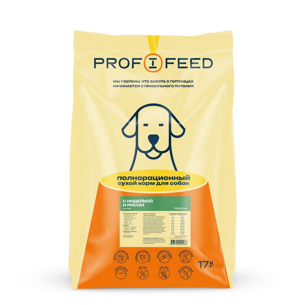 Корм «Profifeed» сухой полнорационный для собак с индейкой и рисом, мешок  17 кг - Интернет-магазин кормов для домашних животных